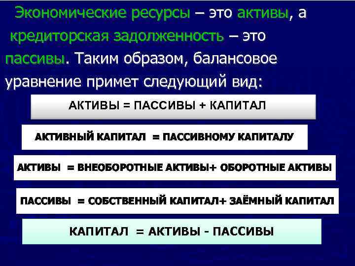 Экономические ресурсы – это активы, а кредиторская задолженность – это пассивы. Таким образом, балансовое