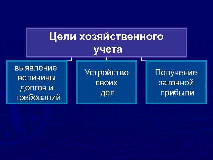 Цели хозяйственного учета выявление величины долгов и требований Устройство своих дел Получение законной прибыли