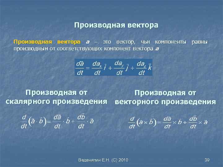 Скалярная производная векторов. Производная от скалярного произведения. Производная единичного вектора.