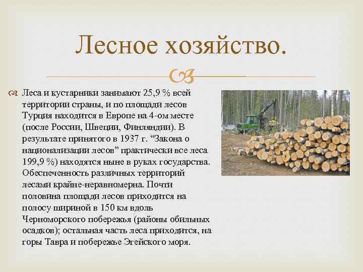 Лесное хозяйство. Леса и кустарники занимают 25, 9 % всей территории страны, и по