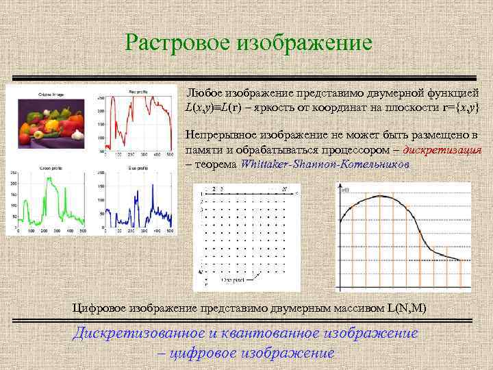 Растровое изображение Любое изображение представимо двумерной функцией L(x, y) L(r) – яркость от координат