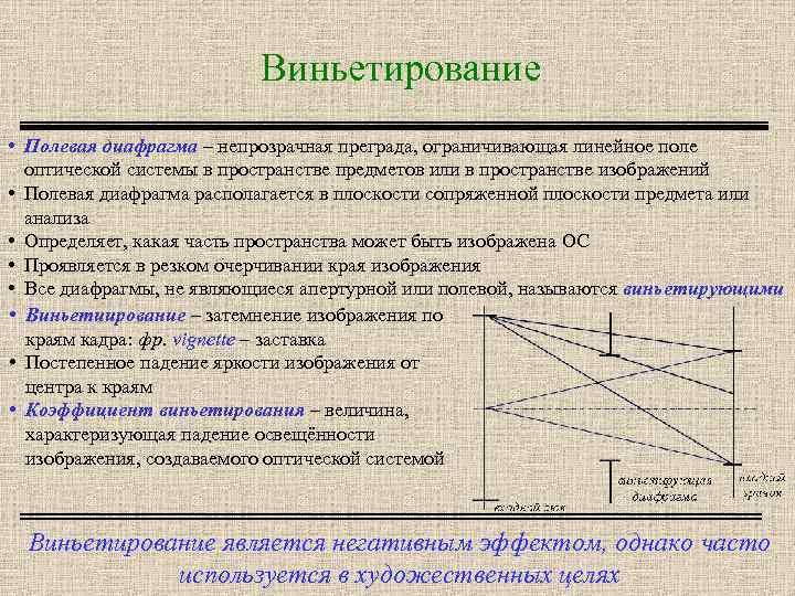 Виньетирование • Полевая диафрагма – непрозрачная преграда, ограничивающая линейное поле оптической системы в пространстве