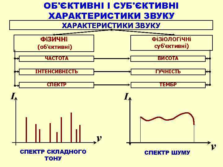 ОБ'ЄКТИВНІ І СУБ'ЄКТИВНІ ХАРАКТЕРИСТИКИ ЗВУКУ ФіЗИЧНі ФіЗіОЛОГіЧНі суб'єктивні) (об'єктивні) ЧАСТОТА ВИСОТА ІНТЕНСИВНІСТЬ ГУЧНІСТЬ СПЕКТР