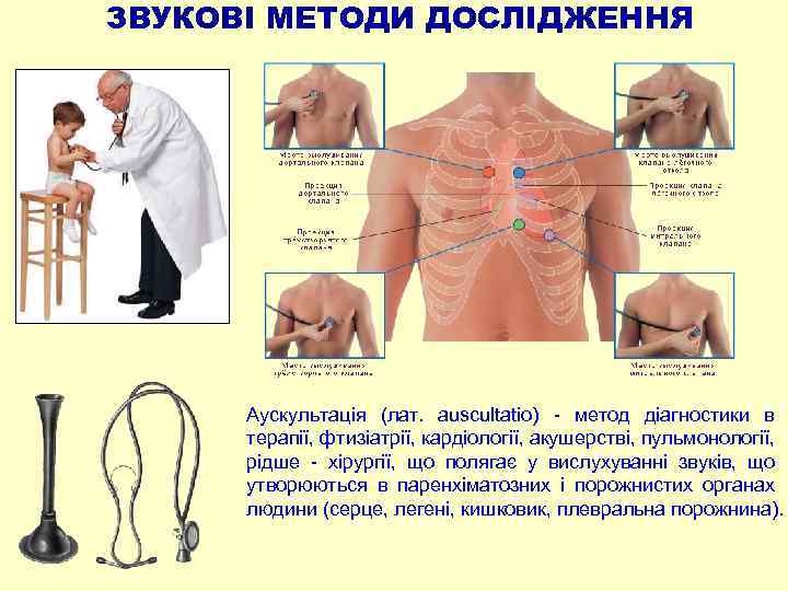 ЗВУКОВІ МЕТОДИ ДОСЛІДЖЕННЯ Аускультація (лат. auscultatio) - метод діагностики в терапії, фтизіатрії, кардіології, акушерстві,