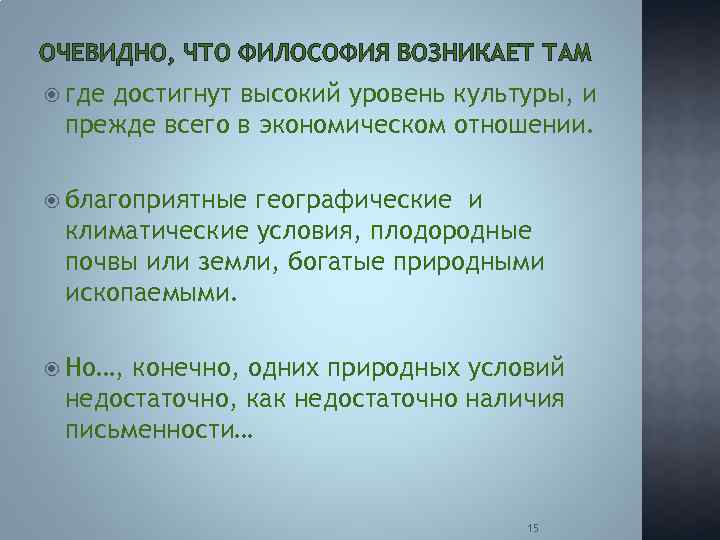 ОЧЕВИДНО, ЧТО ФИЛОСОФИЯ ВОЗНИКАЕТ ТАМ где достигнут высокий уровень культуры, и прежде всего в