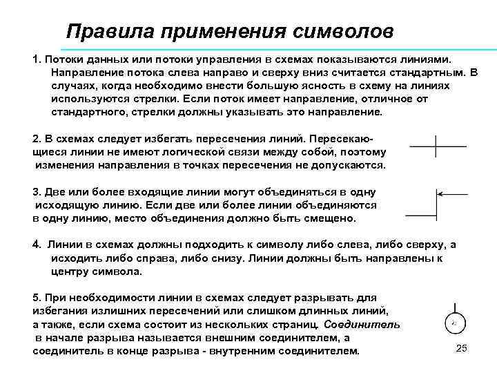 Правила применения символов 1. Потоки данных или потоки управления в схемах показываются линиями. Направление