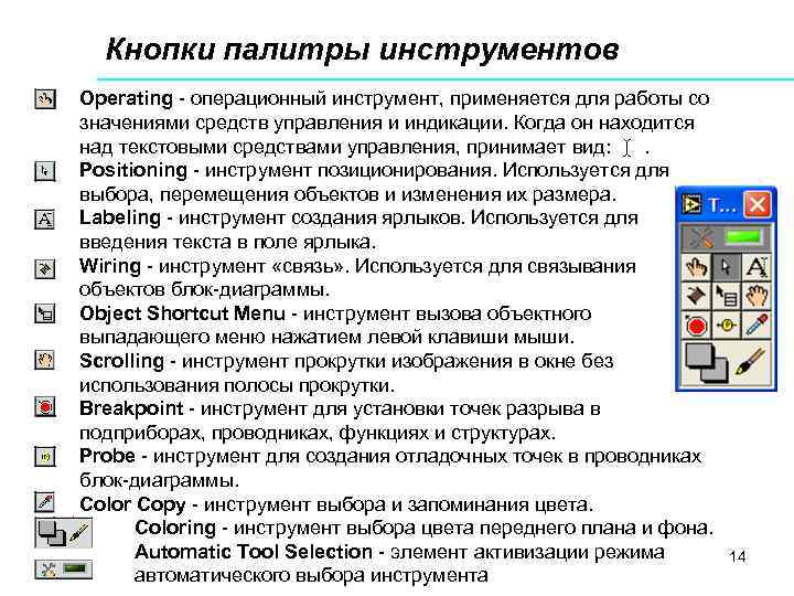 Кнопки палитры инструментов Operating - операционный инструмент, применяется для работы со значениями средств управления