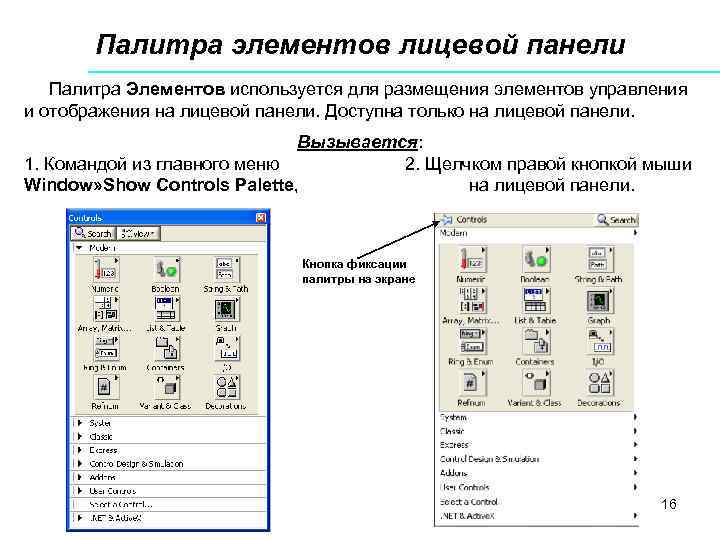 Палитра элементов лицевой панели Палитра Элементов используется для размещения элементов управления и отображения на