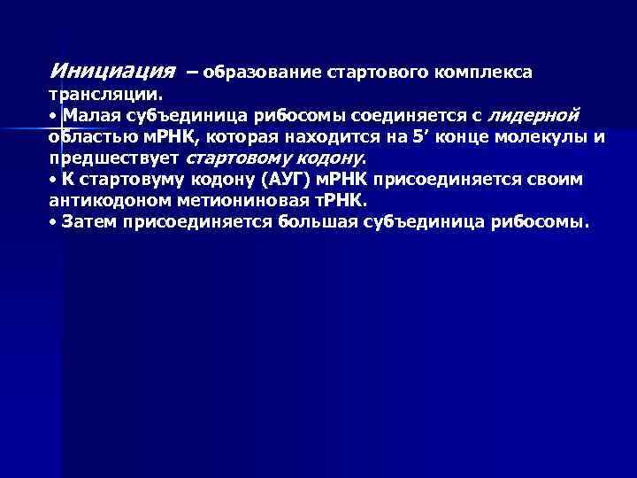 Инициация – образование стартового комплекса трансляции. • Малая субъединица рибосомы соединяется с лидерной областью