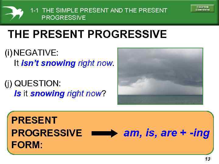1 -1 THE SIMPLE PRESENT AND THE PRESENT PROGRESSIVE (i) NEGATIVE: It isn’t snowing
