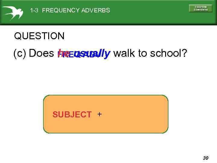 1 -3 FREQUENCY ADVERBS QUESTION (c) Does he usually walk to school? FREQ ADV