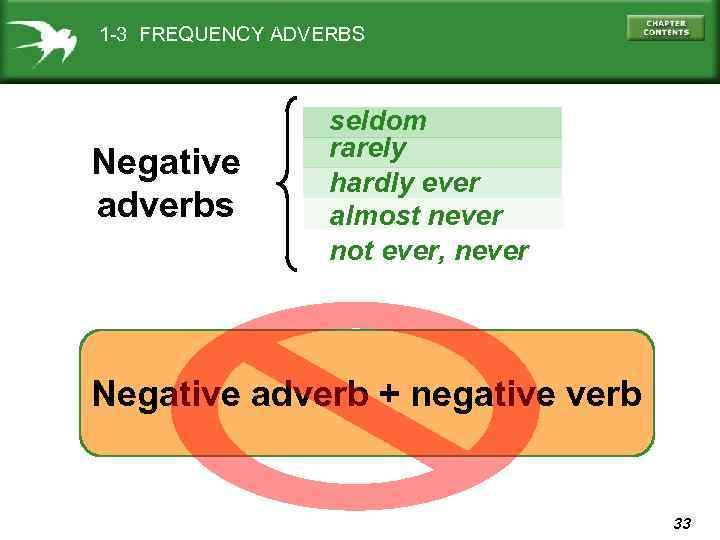 1 -3 FREQUENCY ADVERBS Negative adverbs seldom rarely hardly ever almost never not ever,
