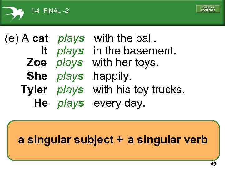 1 -4 FINAL -S (e) A cat It Zoe She Tyler He plays plays