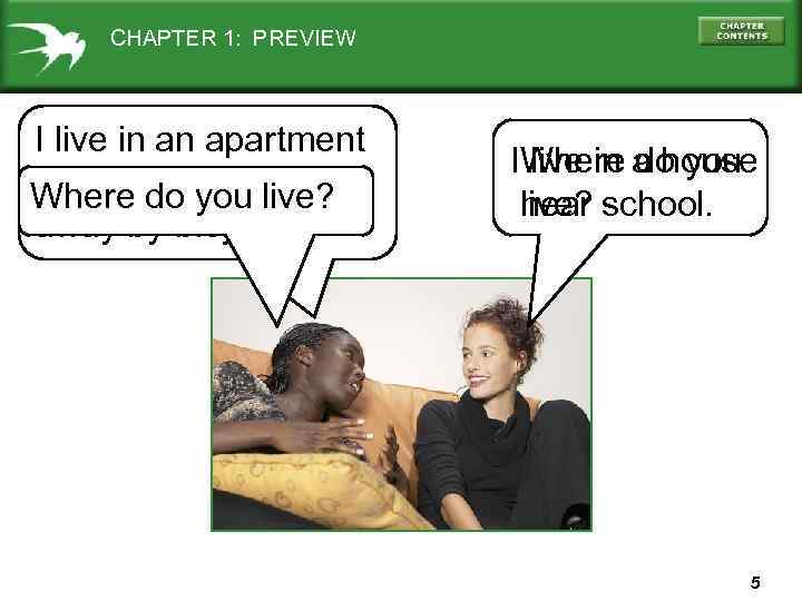 CHAPTER 1: PREVIEW I live in an apartment about do you live? Whereten minutes