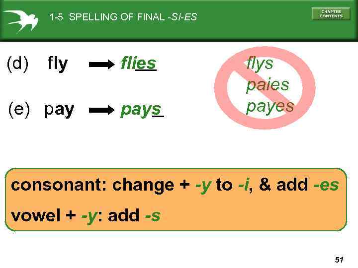 1 -5 SPELLING OF FINAL -SI-ES (d) fly (e) pay flies pays flys paies