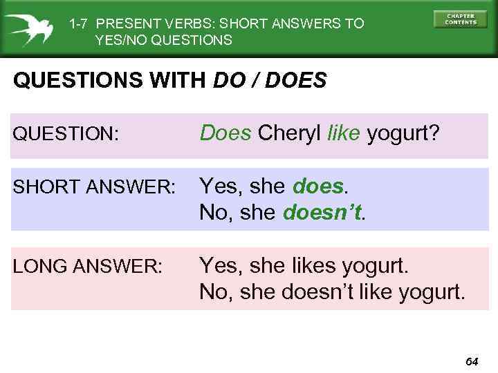 1 -7 PRESENT VERBS: SHORT ANSWERS TO YES/NO QUESTIONS WITH DO / DOES QUESTION: