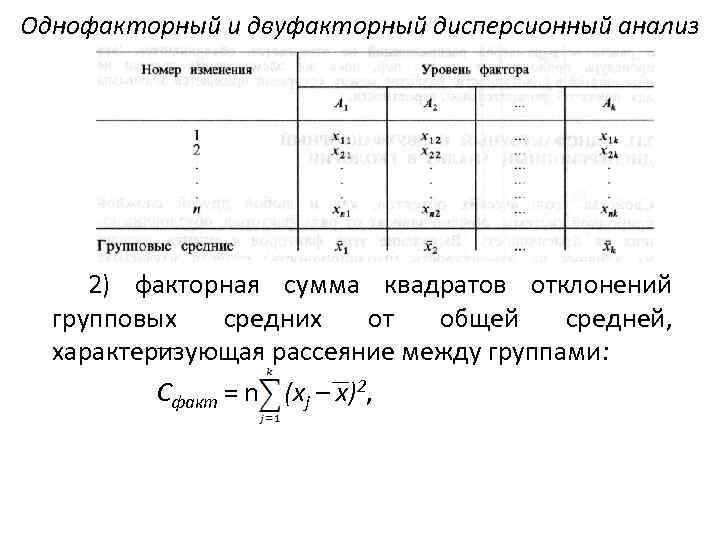 Однофакторный и двуфакторный дисперсионный анализ 2) факторная сумма квадратов отклонений групповых средних от общей