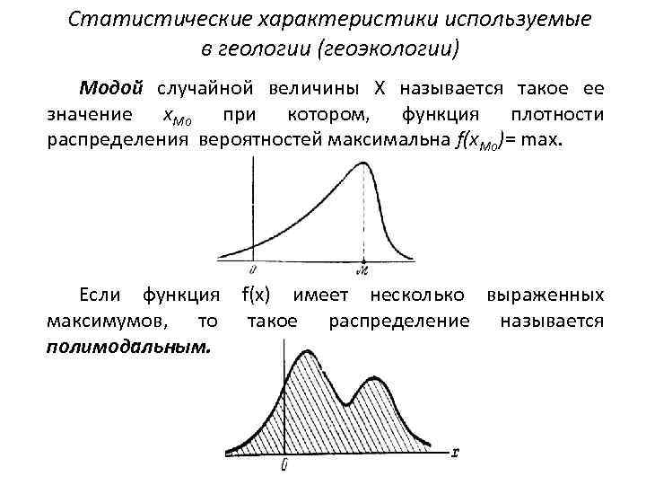 Статистические характеристики используемые в геологии (геоэкологии) Модой случайной величины X называется такое ее значение