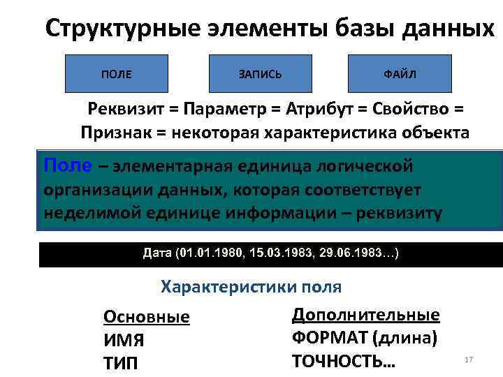 Элементы базы данных. Структурные элементы баз данных. Основные структурные элементы базы данных. Структурные элементы базы данных поле запись.