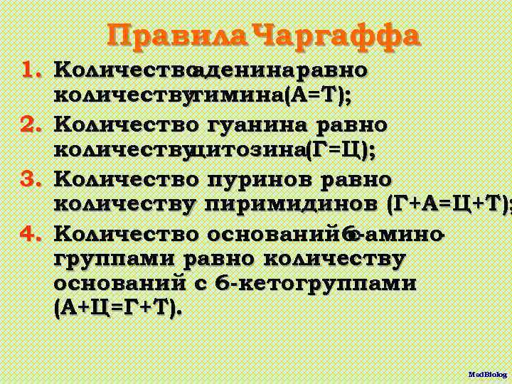 Правила Чаргаффа 1. Количество аденина равно количеству тимина(А=Т); 2. Количество гуанина равно количеству цитозина(Г=Ц);