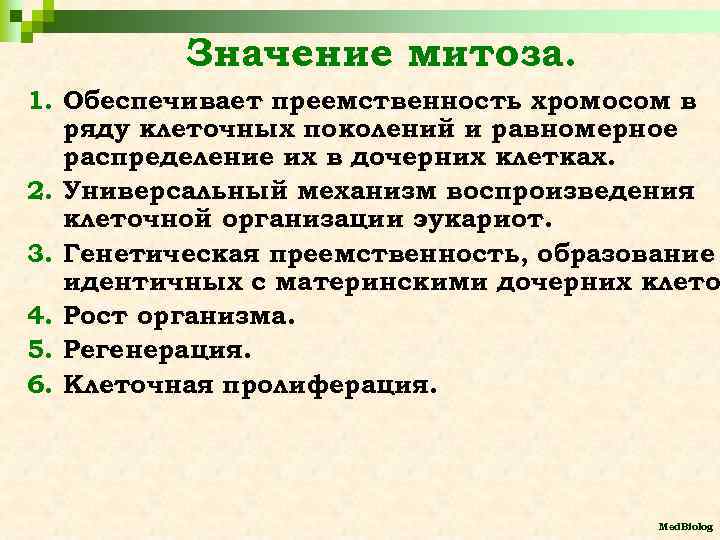 Значение митоза. 1. Обеспечивает преемственность хромосом в ряду клеточных поколений и равномерное распределение их