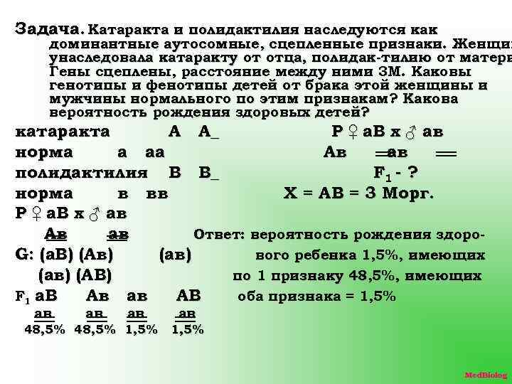 Задача. Катаракта и полидактилия наследуются как доминантные аутосомные, сцепленные признаки. Женщин унаследовала катаракту от