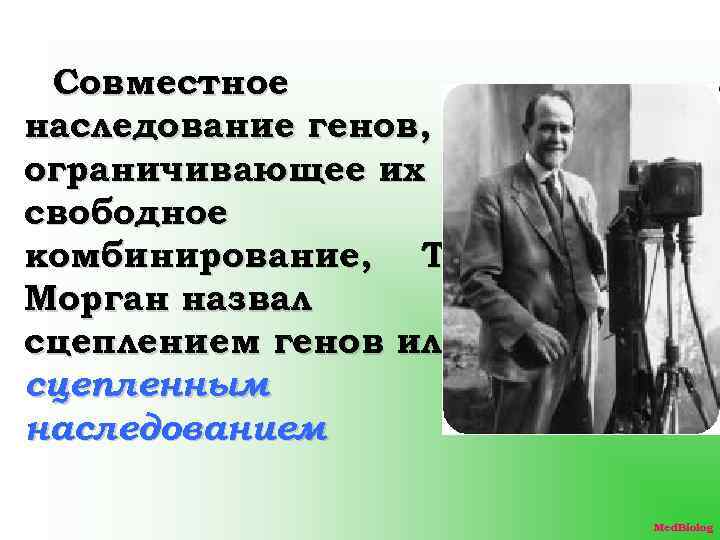 Совместное наследование генов, ограничивающее их свободное комбинирование, Т. Морган назвал сцеплением генов или сцепленным