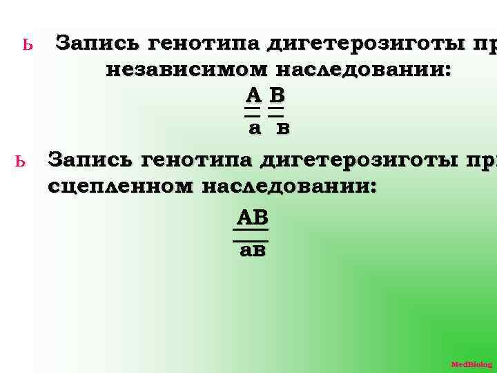 ь Запись генотипа дигетерозиготы пр независимом наследовании: АВ a в ь Запись генотипа дигетерозиготы