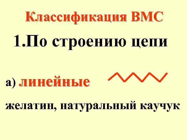 Классификация ВМС 1. По строению цепи а) линейные желатин, натуральный каучук 