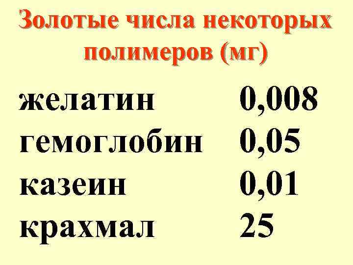 Золотые числа некоторых полимеров (мг) желатин гемоглобин казеин крахмал 0, 008 0, 05 0,