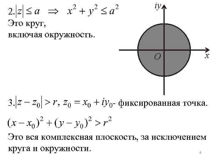 2. Это круг, включая окружность. 3. - фиксированная точка. Это вся комплексная плоскость, за