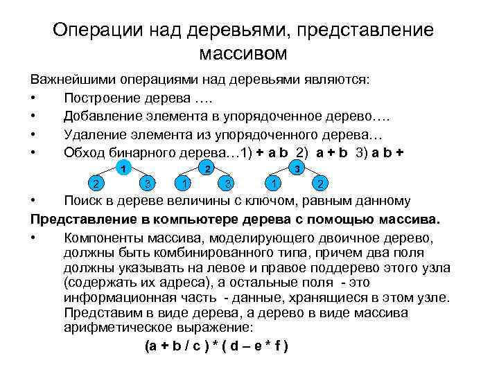 Операции над деревьями, представление массивом Важнейшими операциями над деревьями являются: • Построение дерева ….