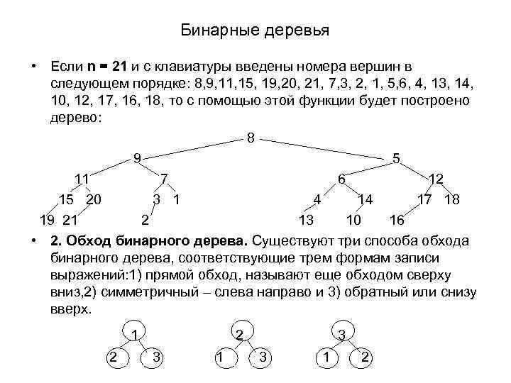 Бинарные деревья • Если n = 21 и с клавиатуры введены номера вершин в