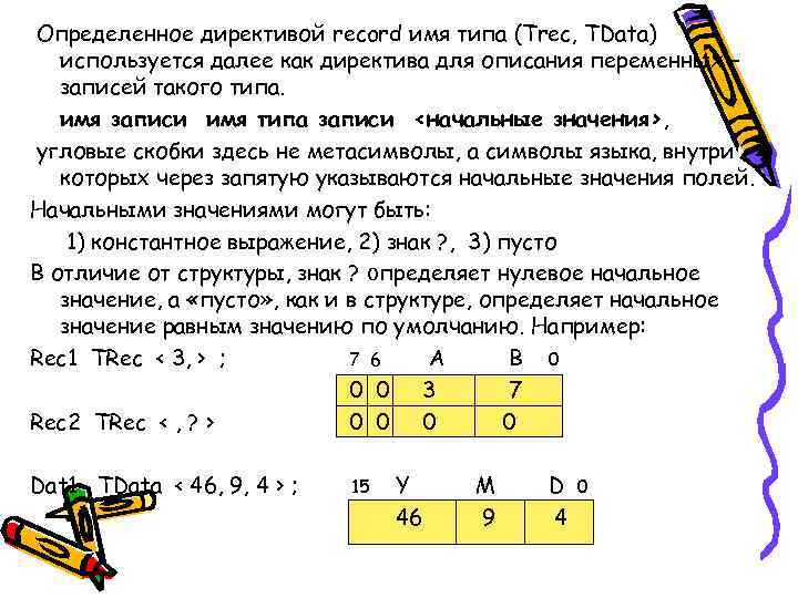 Определенное директивой record имя типа (Trec, TData) используется далее как директива для описания переменных