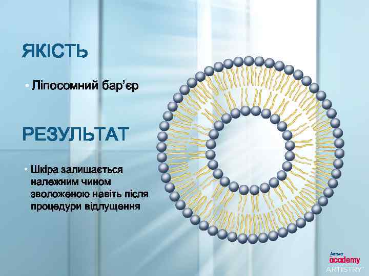 ЯКІСТЬ • Ліпосомний бар’єр РЕЗУЛЬТАТ • Шкіра залишається належним чином зволоженою навіть після процедури