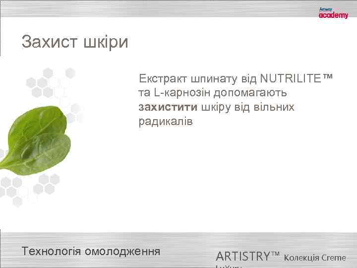 Захист шкіри Екстракт шпинату від NUTRILITE™ та L-карнозін допомагають захистити шкіру від вільних радикалів