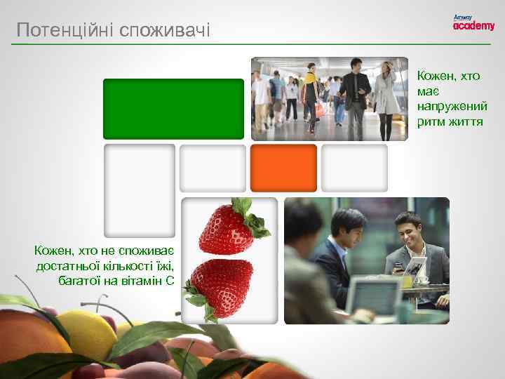 Потенційні споживачі Кожен, хто має напружений ритм життя Кожен, хто не споживає достатньої кількості