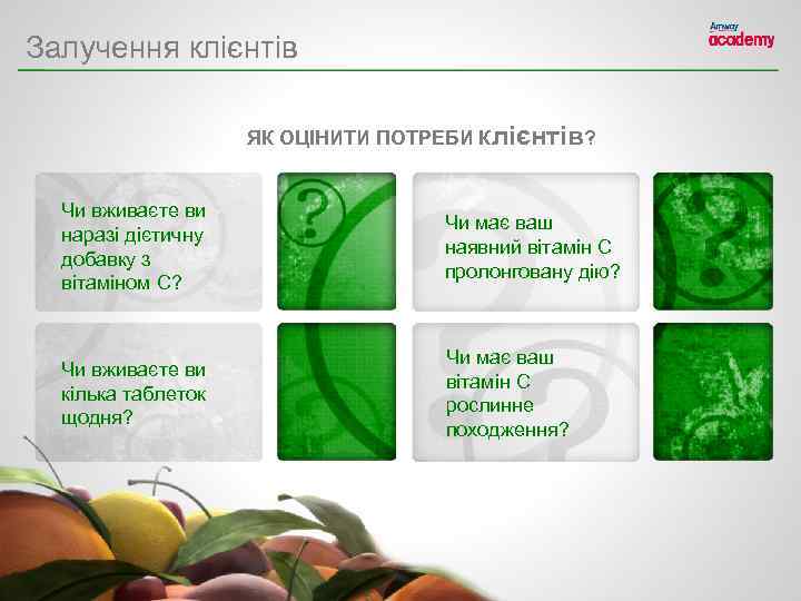 Залучення клієнтів ЯК ОЦІНИТИ ПОТРЕБИ Клієнтів? Чи вживаєте ви наразі дієтичну добавку з вітаміном