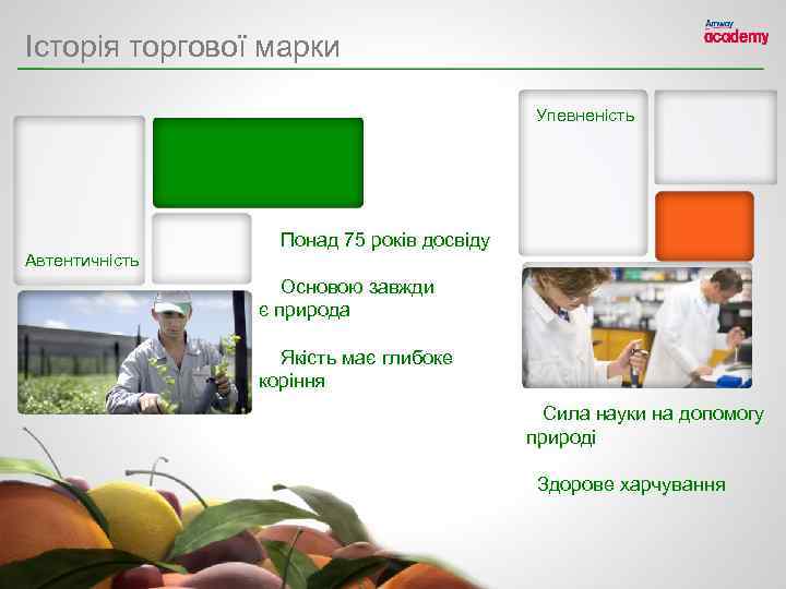 Історія торгової марки Упевненість Автентичність Понад 75 років досвіду Основою завжди є природа Якість