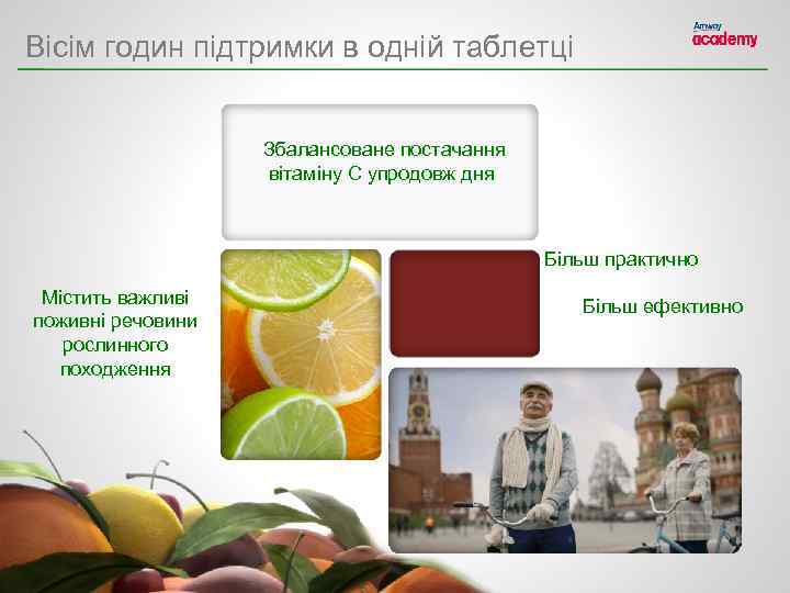 Вісім годин підтримки в одній таблетці Збалансоване постачання вітаміну С упродовж дня Більш практично