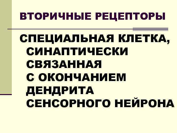 ВТОРИЧНЫЕ РЕЦЕПТОРЫ СПЕЦИАЛЬНАЯ КЛЕТКА, СИНАПТИЧЕСКИ СВЯЗАННАЯ С ОКОНЧАНИЕМ ДЕНДРИТА СЕНСОРНОГО НЕЙРОНА 