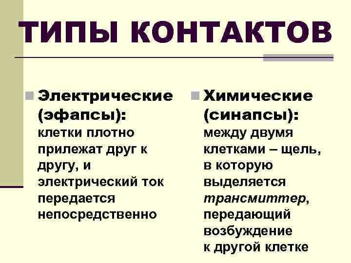 ТИПЫ КОНТАКТОВ n Электрические (эфапсы): клетки плотно прилежат друг к другу, и электрический ток