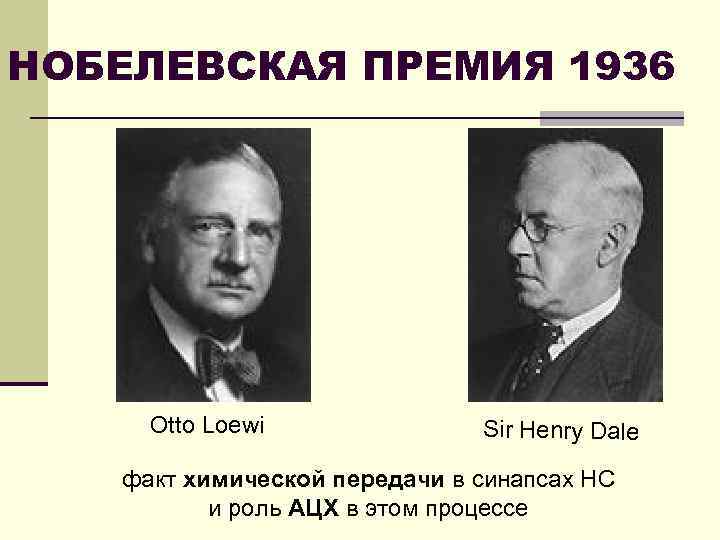 НОБЕЛЕВСКАЯ ПРЕМИЯ 1936 Otto Loewi Sir Henry Dale факт химической передачи в синапсах НС