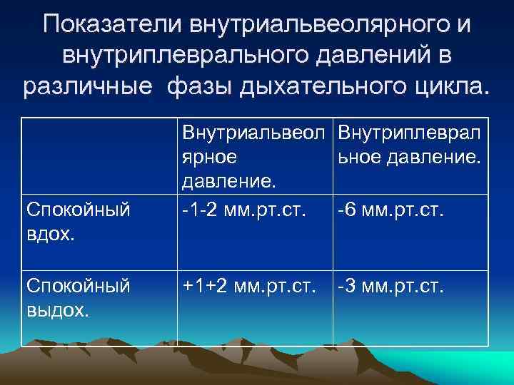 Показатели внутриальвеолярного и внутриплеврального давлений в различные фазы дыхательного цикла. Спокойный вдох. Спокойный выдох.