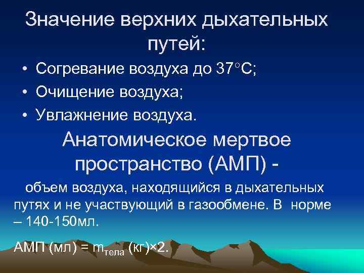 Значение верхних дыхательных путей: • Согревание воздуха до 37 С; • Очищение воздуха; •