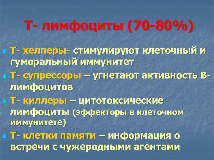Т- лимфоциты (70 -80%) n n n Т- хелперы- стимулируют клеточный и гуморальный иммунитет