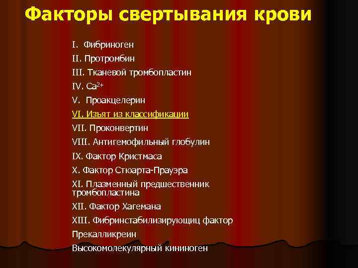 Факторы свертывания крови I. Фибриноген II. Протромбин III. Тканевой тромбопластин IV. Са 2+ V.