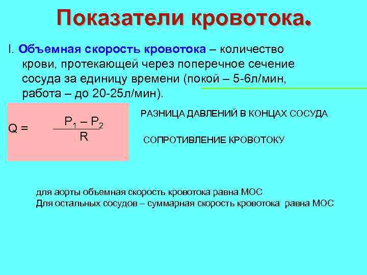 Показатели кровотока. I. Объемная скорость кровотока – количество крови, протекающей через поперечное сечение сосуда