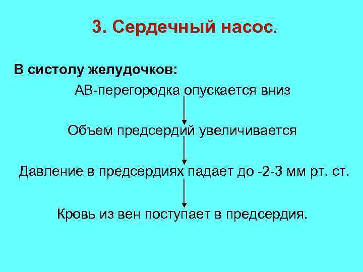 3. Сердечный насос. В систолу желудочков: АВ-перегородка опускается вниз Объем предсердий увеличивается Давление в