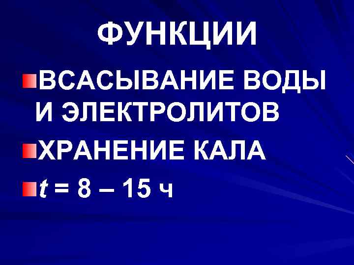 ФУНКЦИИ ВСАСЫВАНИЕ ВОДЫ И ЭЛЕКТРОЛИТОВ ХРАНЕНИЕ КАЛА t = 8 – 15 ч 